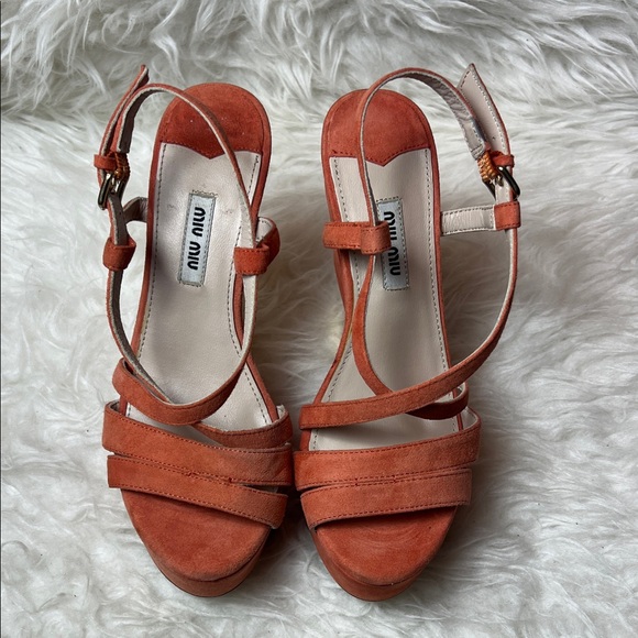 Miu Miu Women’s Strappy Orange Suede Slingback Platform Sandals Size 37 EU - Picture 4 of 17